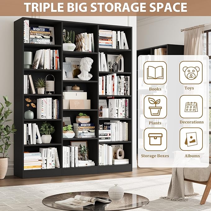 FACBOTALL Triple Wide Bookshelf, 6 Tier Large Bookshelf, Bookcase with 17 Open Display Shelves, 74'' Tall Bookcases and Bookshelves for Living Room, Home Office, Library, Black
