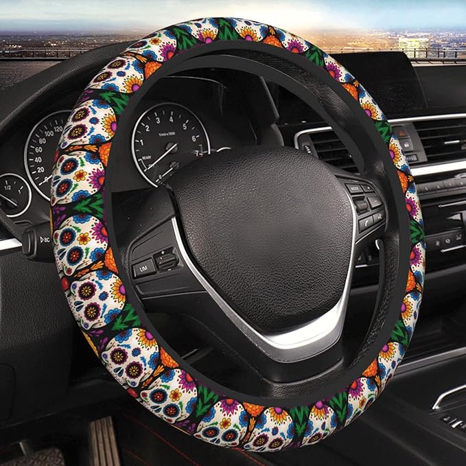 Neoprene Steering Wheel Cover Colorful-Skull Car Steering Wheel Cover Universal Fit for Most Cars