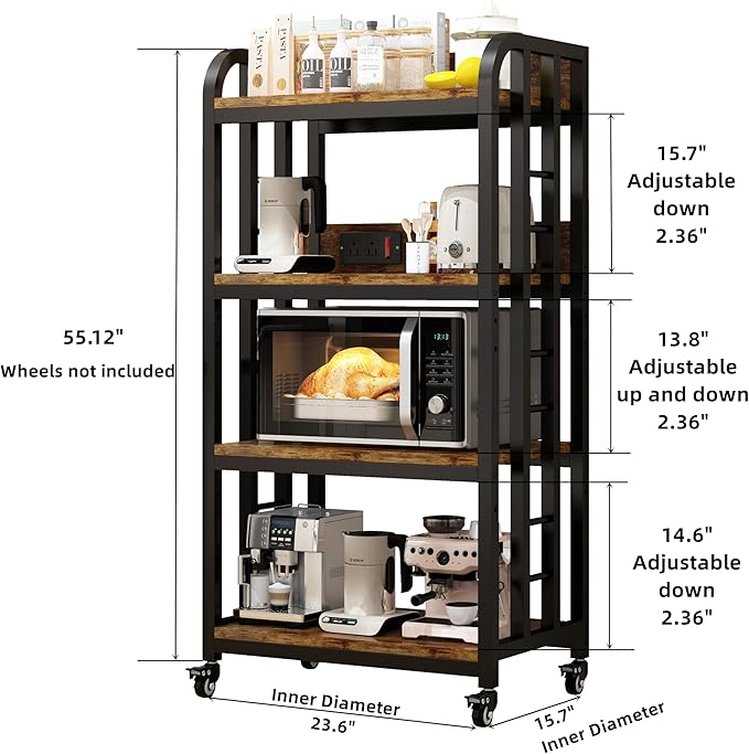 4-Tier Kitchen Bakers Rack with Power Outlet and Rolling Wheels, Microwave Stand with Storage, Adjustable Kitchen Shelves Freestadning, Coffee Bar Station, Bakers Rack for Spices, Pots and Pans, Brown