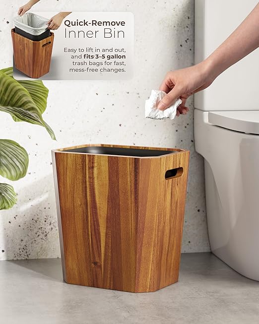 BLUEWEST 2.6 Gallons Acacia Wooden Bathroom Trash Can with Lid & PP Liner – Small Wastebasket with Handle, Decorative Wood Bin for Bedroom, Office or Under Counter Use