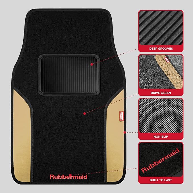 Rubbermaid Car Mats, Carpeted Floor Car Mat with Faux Leather & Built-in Heel Pad, Two-Tone Car Rug Floor Mats, Stylish Carpeted Floor Mats for Cars, Trucks & SUVs Beige Color