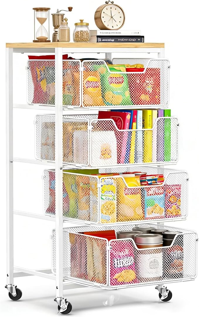 Rolling Cart with Drawers, 4-Tier Utility Cart Storage Organizer with Lockable Wheels, Metal Craft Storage Cart with Wooden Top for Kitchen, Bathroom, School, Studio, Office, Bedroom, White