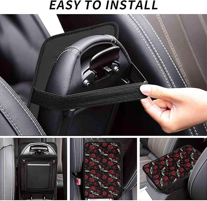 Goth Bat Rose Center Console Cover Pad, Car Armrest Seat Box Cover Cushion Universal for Most Vehicle SUV Truck, Car Interior Accessories Decor, Protect from Pet Claws & Dirt