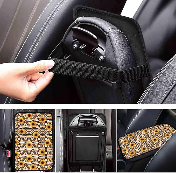 Sunflower Aztec Auto Armrest Console Car Accessories Car Center Console Cover Easy to Install Armrest Console Cover Soft Fit for Most Cars, Vehicles, SUVs