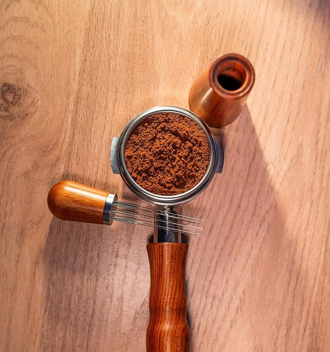 WDT Tool Espresso - Espresso Coffee Stirrer Professional - Stainless Steel 8 Needles 0.35mm - Natural Wood Handle Needle Type - Stand Walnut Stirring Distribution