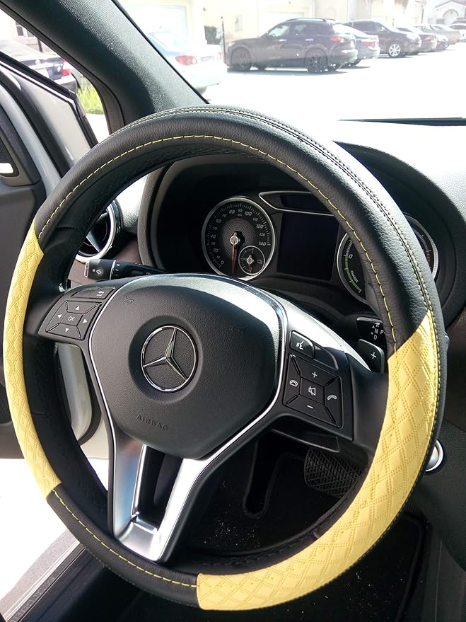 Jdragon Black & Yellow PU Leather Great Comfort Slip-On Steering Wheel Cover 14.25-15" Diameter