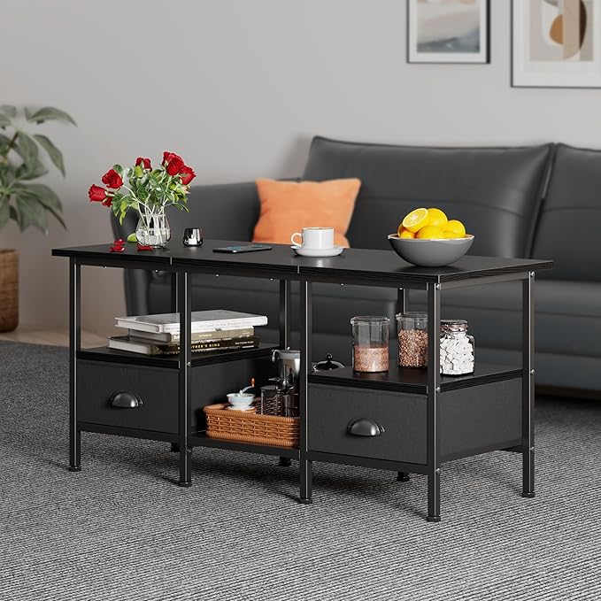 Furologee 35" Coffee Table with 2 Storage Drawers, Small Coffee Tables for Living Room, Modern Center Table with 2 Tier Shelf, Black