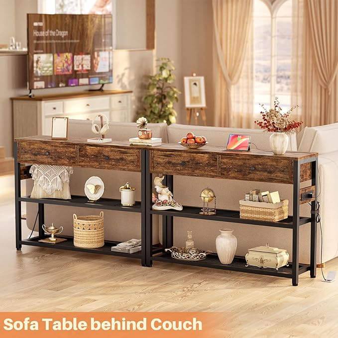 Ecoprsio Entryway Table with Outlets and USB Ports, Console Table with 2 Drawers, Small Sofa Table with Storage Shelves for Living Room, Couch, Hallway, Foyer, Kitchen Counter, 32'', Rustic