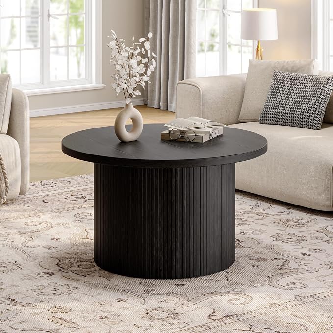 ONBRILL 31.5" Round Coffee Table, Tambour Design Coffee Tables for Living Room, Mid Century Modern Wood Coffee Table, Drum Accent Small Center Table, Black