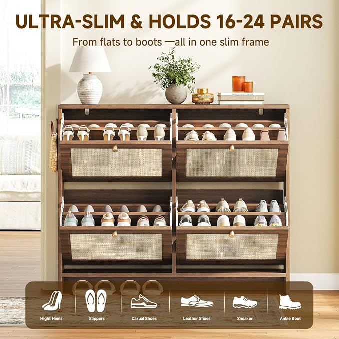 Nicetree Shoe Cabinet Storage for Entryway, 4-Flip Drawer Narrow Shoe Rack, Organic Modern Rattan Shoe Organizer with Gold Legs, Shoe Organizer Fits Men's Size 13.5, Toasted Caramel Walnut