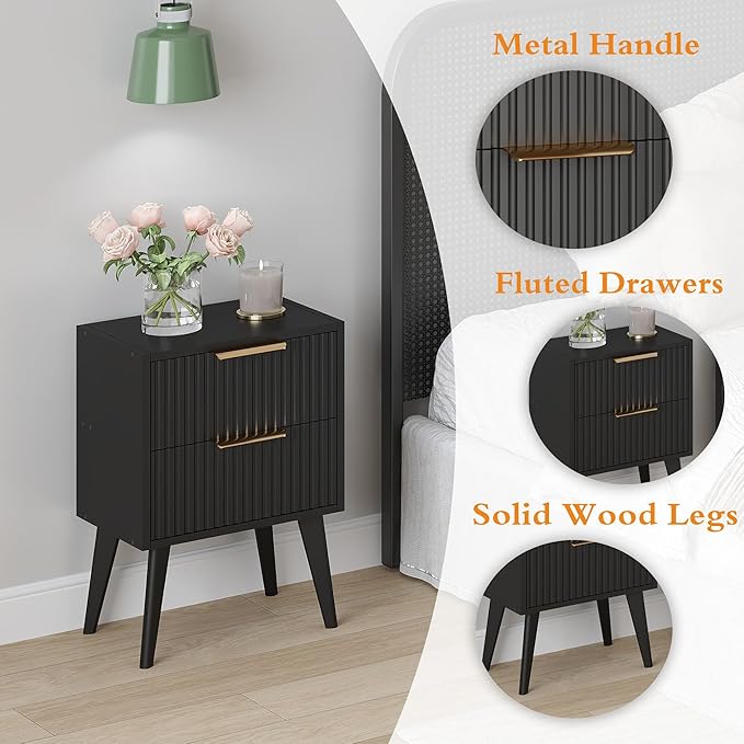 Small Black Night Stand,Modern Bedside Table, Nightstand with 2 Drawers,Fluted Side Table with Wood Legs,Mid Century End Table for Bedroom,Small Space,Black 11.8" D x 16" W x 22.4" H CTG55BK
