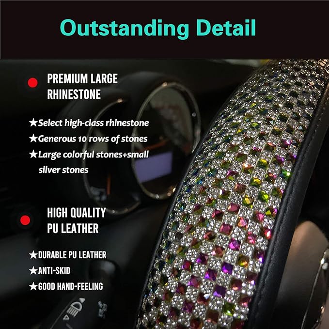 PINCTROT D Shaped Bling Comfy Steering Wheel Cover with Jumbo Crystal Rhinestones, Anti-Slip Diamond Leather, Flat Bottom 14.5-15 Inch (Colorful)