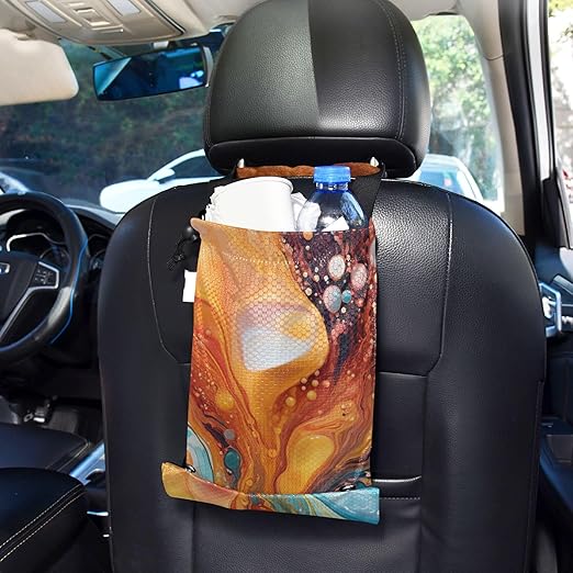 ALAZA Hanging Car Trash Bags Garbage Bag Trash Can for Back Seat Small Marble Orange Blue Washable Storage Bag Retractable 2 Pack