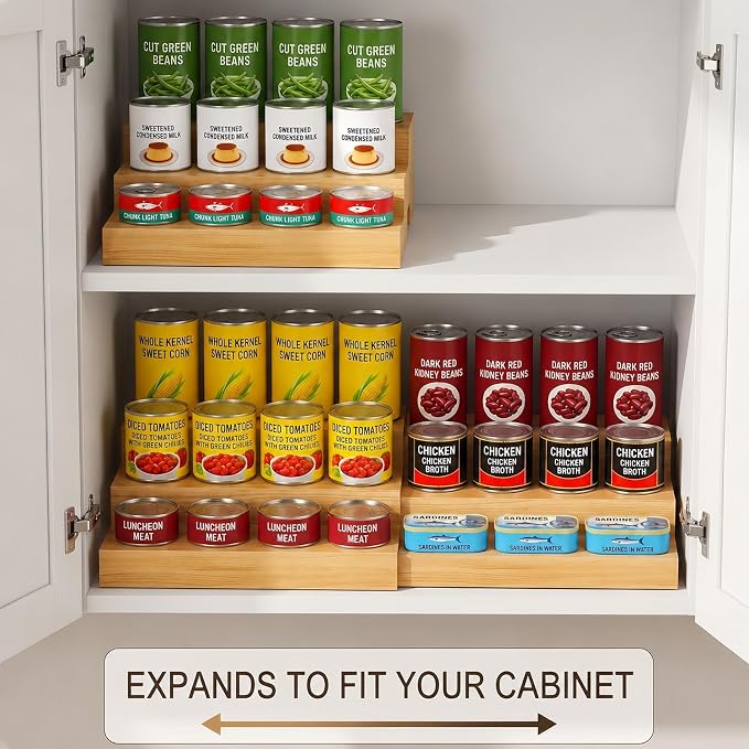 Expandable 3-Tier Wooden Can Organizer for Pantry, Adjustable Shelf Holds 24 Cans, Storage Rack for Cabinet & Countertop, Space Saving Pantry Organizer for Small Kitchens and Apartments