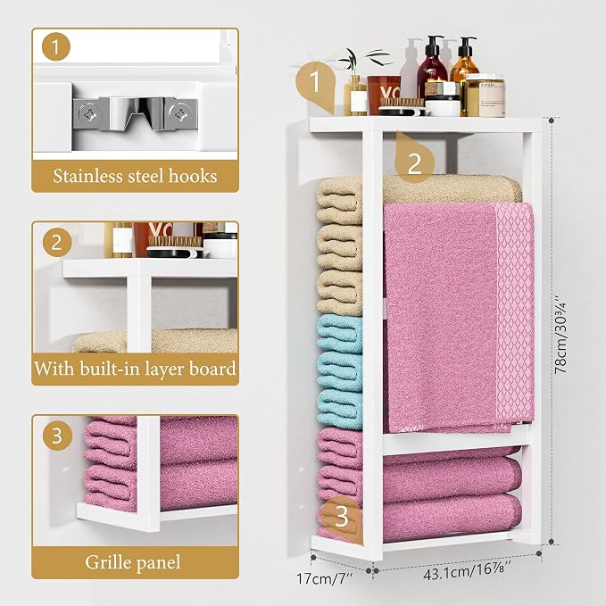 Bamboo Wall Blanket Ladder, 4-Tier Towel Racks, Bamboo Bath Towel Racks for Bathroom Wall Mounted, Decorative Blanket, Quilt, Towel, Scarf Ladder Shelves for Bathroom, Living Room, Bedroom，White