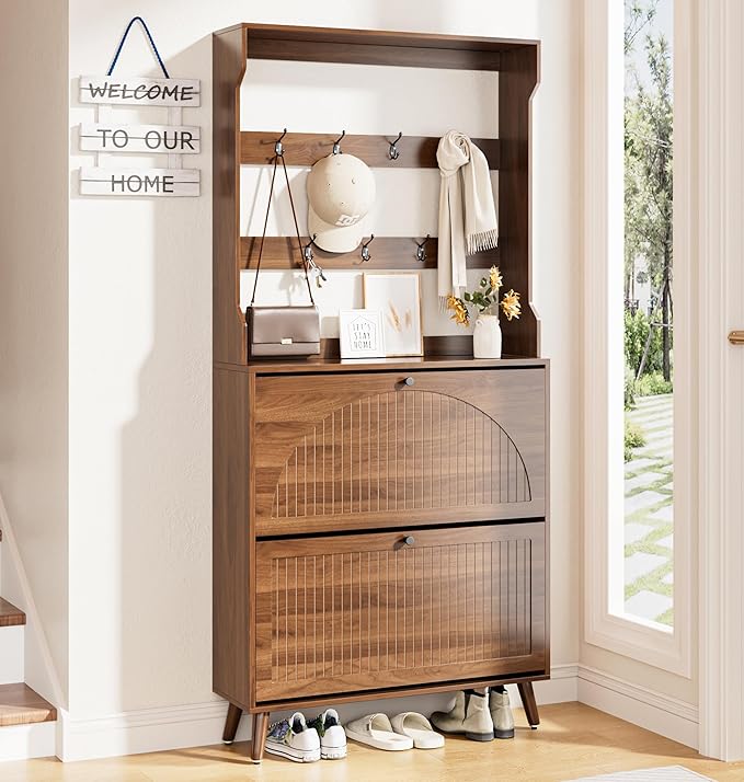 Fsbecl Shoe Cabinet for Entryway with 2 Flip Drawers & Coat Rack, Narrow Hidden Shoe Storage Cabinet with Fluted Panel, 2-in-1 Hall Tree Slim Freestanding Shoe Rack Organizer for Hallway, Walnut