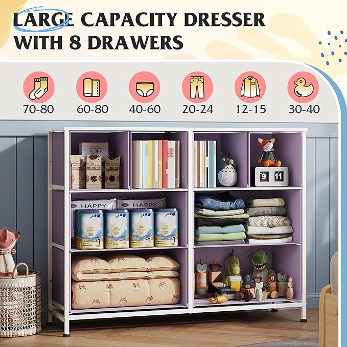 WLIVE Dresser for Bedroom with 8 Drawers, Wide Fabric Dresser for Storage and Organization, Bedroom Dressers, Chest of Drawers for Living Room, Closet, Hallway, Purple