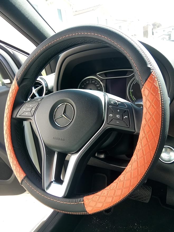 Jdragon Black & Orange PU Leather Great Comfort Slip-On Steering Wheel Cover 14.25-15" Diameter