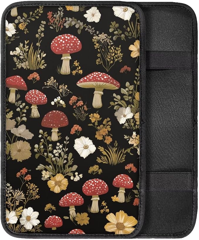Vintage Mushroom Car Center Console Cover Soft Arm Rest Cover Car Easy to Install Cars Interior Automotive Universal Size Fit for Most Cars SUVs Trucks Vans