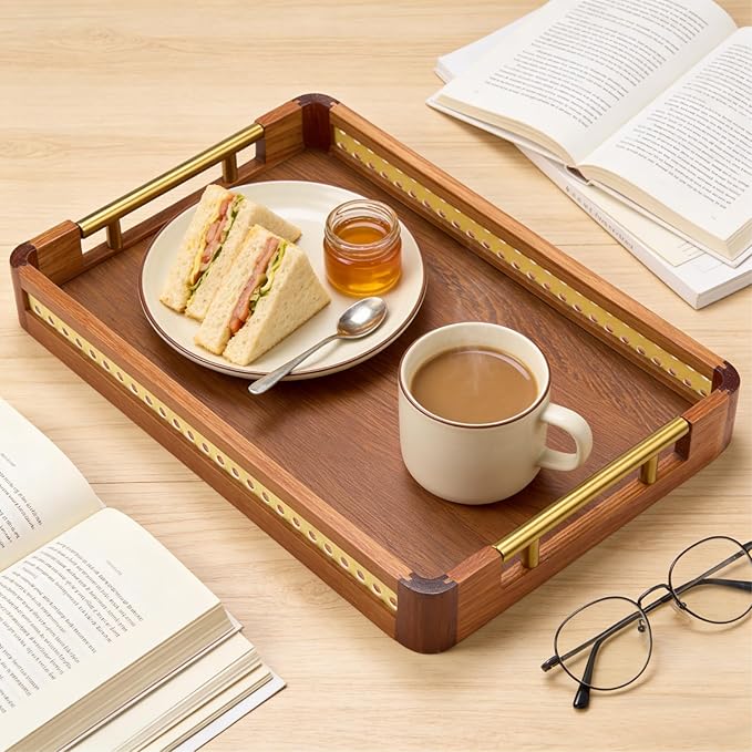 Acacia Wood Serving Tray with Handles, Decorative Wooden Tray for Ottoman, Coffee Table, Rectangular Tray Decor for Living Room, Bedroom, Kitchen, Breakfast in Bed