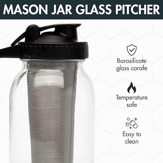 Primula Mason Jar Cold Brew Iced Coffee Maker with Stainless Steel Filter and Easy Pour Lid, Durable Glass Pitcher Fits in Most Fridge Doors, Dishwasher Safe, Made without BPA, 2-Quart, Black