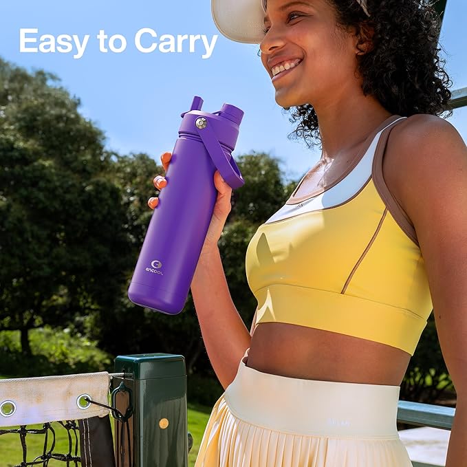 ENCOOL Insulated Water Bottle with Straw Stainless Steel Water Bottle, Leak-Proof, BPA-Free, Double Wall Vacuum Keeps Cold for 24 Hours for Sports, Travel, School (32 oz, Violet)