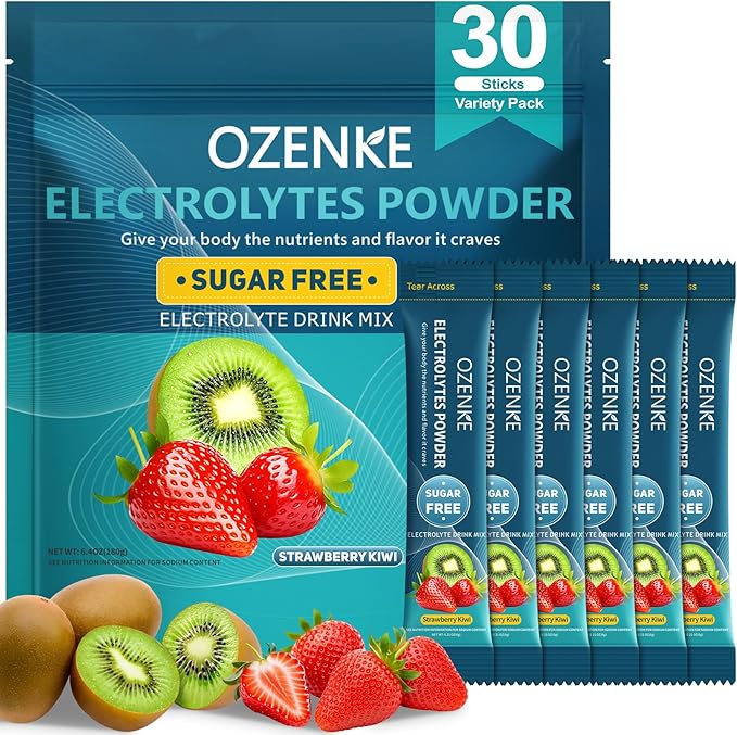 Electrolytes Powder Packets, 30 Sticks Hydration Packet Sugar Free, Electrolyte Drink Mix Travel Electrolyte for Rapid Hydration, Strawberry Kiwi
