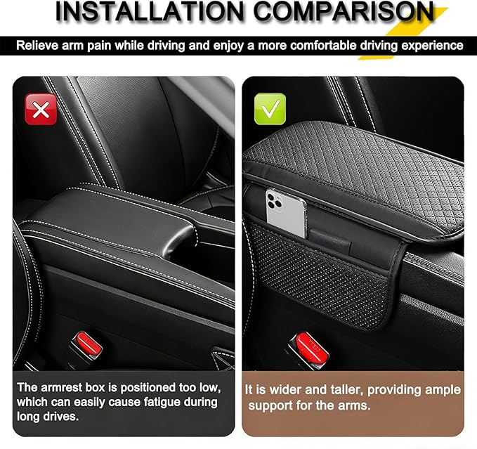 Car Armrest Cover for Mazda CX5 2012-2025, Center Console Cushion Leather Armrest Pad Protector with Storage Pockets Diamond Pattern,Black