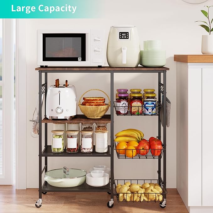 HapiRm Rolling Kitchen Microwave Cart - 4 Tier Microwave Table Stand with Pull-Out Baskets, Coffee Bar Baker's Rack with Wheels Rolling Storage Cart Organizer Shelf for Living Room Office, Balcony