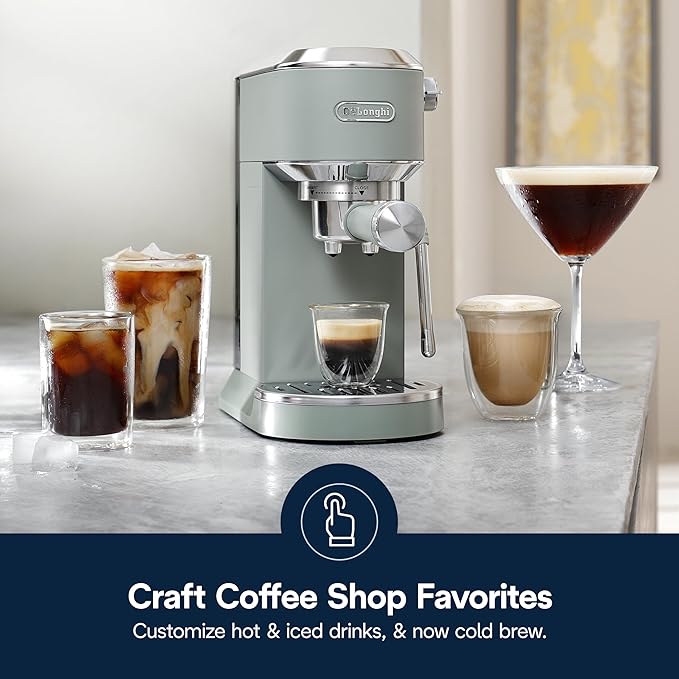 De'Longhi Dedica Duo Compact Espresso Machine - Cold Brew Coffee Maker with Milk Frother Wand- for Espresso, Hot & Iced Coffee, Cappuccinos, Lattes & Home Barista Brewing, Pistachio Green