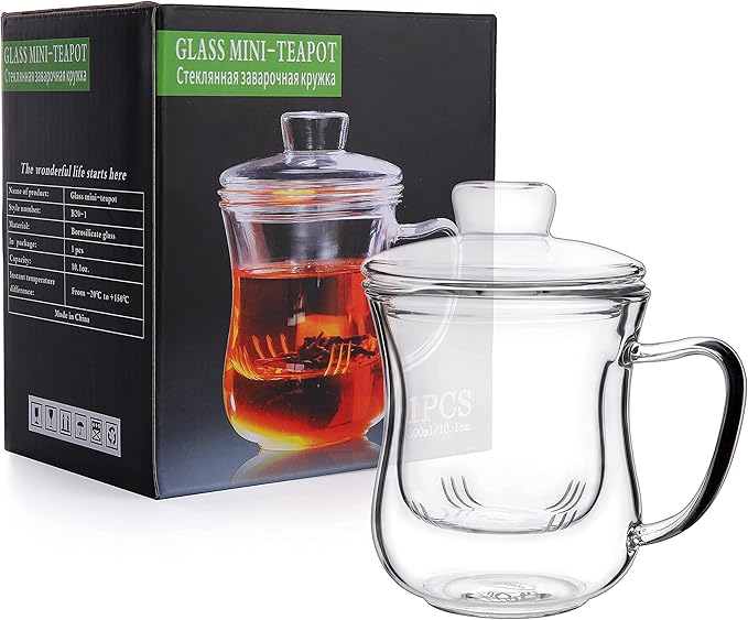 CNGLASS Glass Tea Cup with Removable Infuser and Lid,10oz Thickened Glass Infuser Mug,Borosilicate Glass Mug for Loose Leaf Tea,Teabags