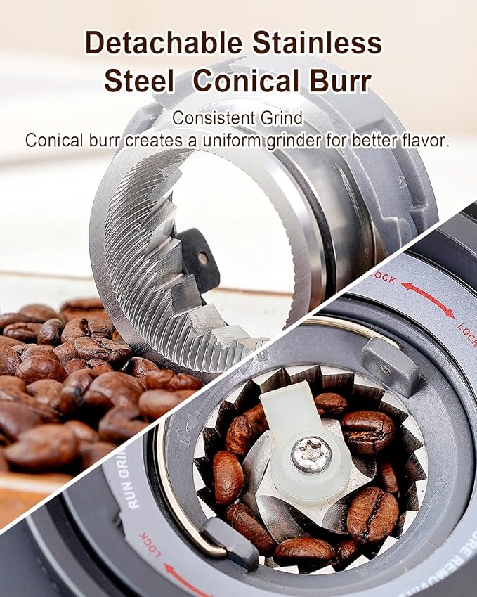 MOKKOM Coffee Grinder with Removable Coffee Scale, Anti-static Conical Burr Coffee Bean Grinder, 31 Precise Settings for Espresso/Drip/Pour Over/Cold Brew/French Press