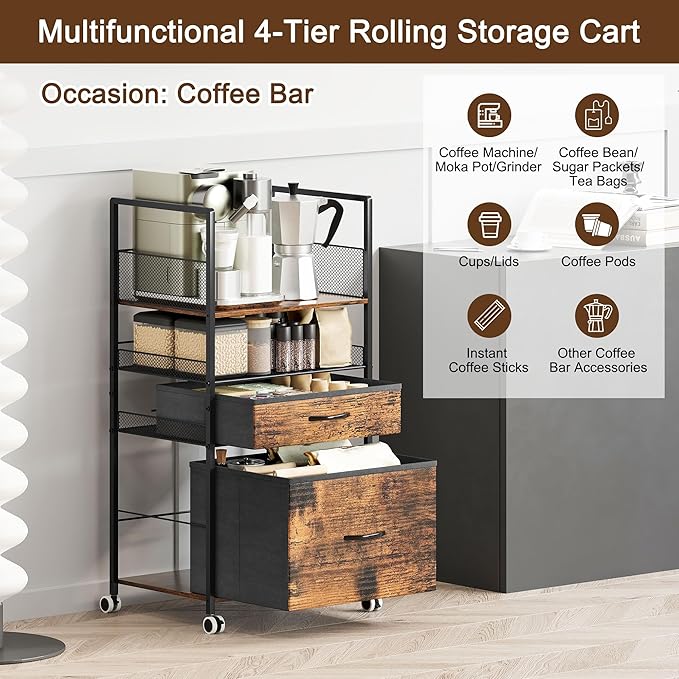 Rolling Storage Cart with 2 Drawers, 4 Tier Heavy Duty Utility Cart with Adjustable Dividers & Wheels, Mobile Storage Cabinet for Home, Office, Classroom, Coffee Bar, Black/Antique