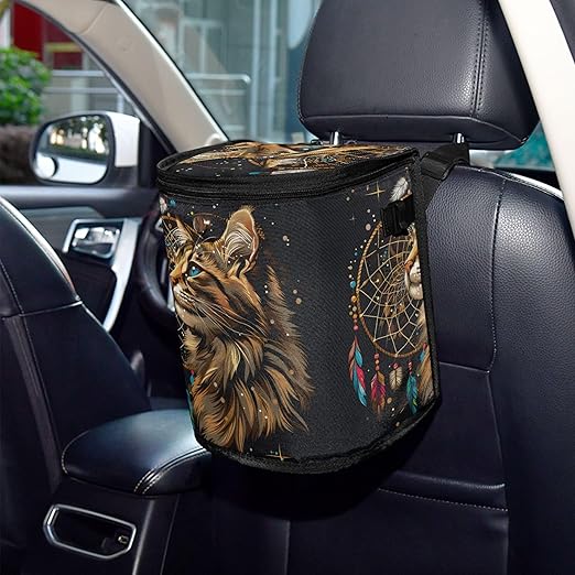 MNSRUU Car Trash Can with Lid, Cute Cat Dream Catcher Car Trash Bag Hanging Organizers and Storage for Front Back Seat, Leak-Proof Trash Bin