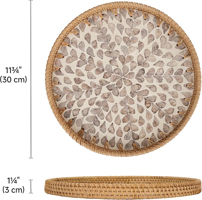 StorageWorks Decorative Coffee Table Trays for Home Decor, Round Rattan Tray with Mother of Pearl Inlay, Small Wicker Woven Serving Tray Decor for Kitchen Counter, Living Room and Ottoman, Yellow