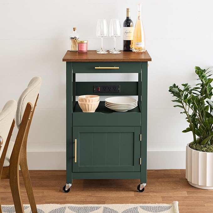 Best Choice Products Rolling Kitchen Island Cart, Single Door Cabinet W/Drawer, Sliding Tray, Outlet, Swivel Lockable Wheels, Hooks, Coffee Cart, Microwave Stand, for Dining Room - Forest Green