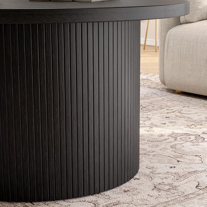 ONBRILL 31.5" Round Coffee Table, Tambour Design Coffee Tables for Living Room, Mid Century Modern Wood Coffee Table, Drum Accent Small Center Table, Black