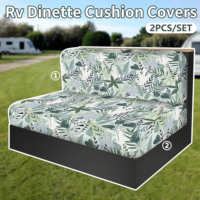 RV Dinette Cushion Covers, Stretch Table Seat Slipcovers, Replacement Washable Camper Couch Cushion Slipcovers for Bench Seats, RV Camper Car 1 Backrest Cover & 1 Bench Cover,Plant 2