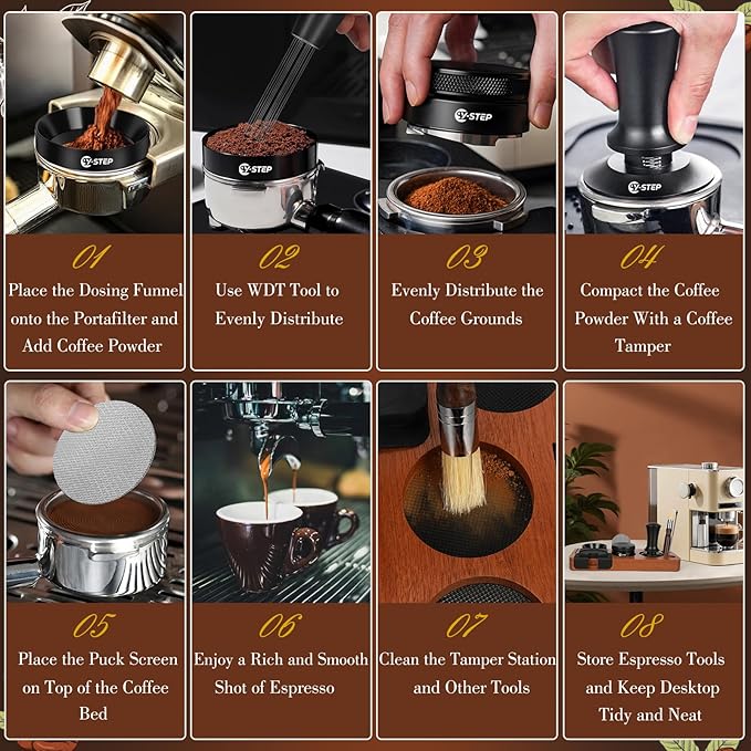 Y-Step 8 Pcs Espresso Accessories Kit, 51mm Espresso Tamper Kit Espresso Tools Barista Kit & Espresso Tamping Station, with 51mm Coffee Tamper, Distributor, WDT Tool, Dosing Funnel, Puck Screen, Brush
