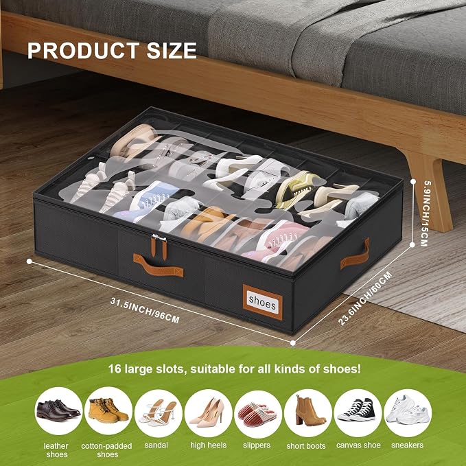 homyfort Shoe Organizer Under Bed, Fits 32 Pairs, Under bed Shoe Storage Boxes with Study Handles and Clear Cover, zapateras organizer for shoes, set of 2