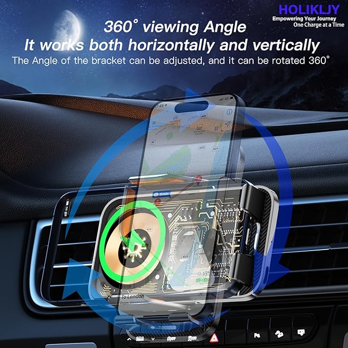 Wireless Car Phone Mount, 15W Fast Charging Car Phone Holder Charger Auto-Clamping 360 Dgrees Rotation Adjustable Air Vent Phone Mount Car Charger with luminous Logo for iPhone 16 15 14 13 S24 S23 S22