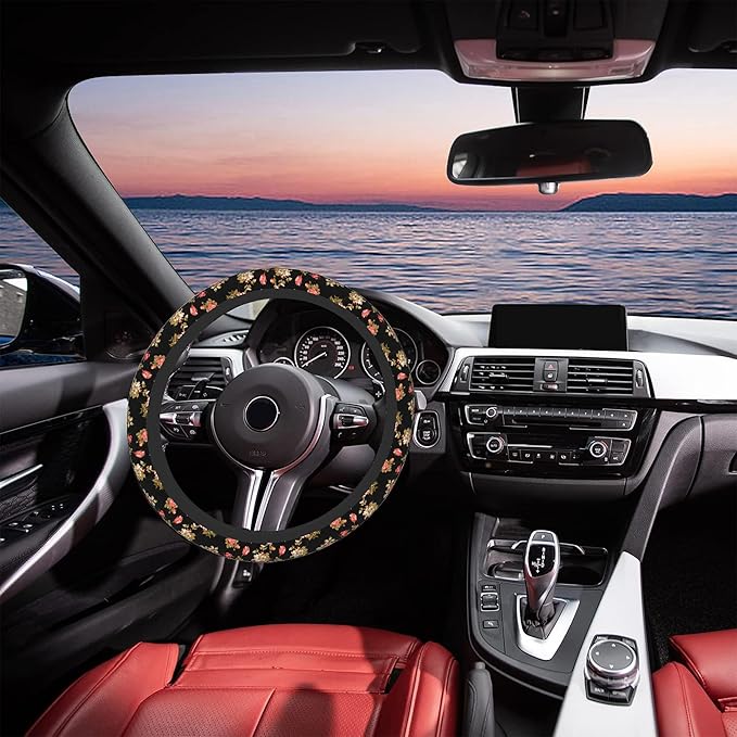 Watercolor Pink Hisbicus Steering Wheel Cover, Elastic Non-Slip Steering Wheel Protector,Auto Interior Decor for Women Girls,Universal 15" Fit for Sedans,Trucks