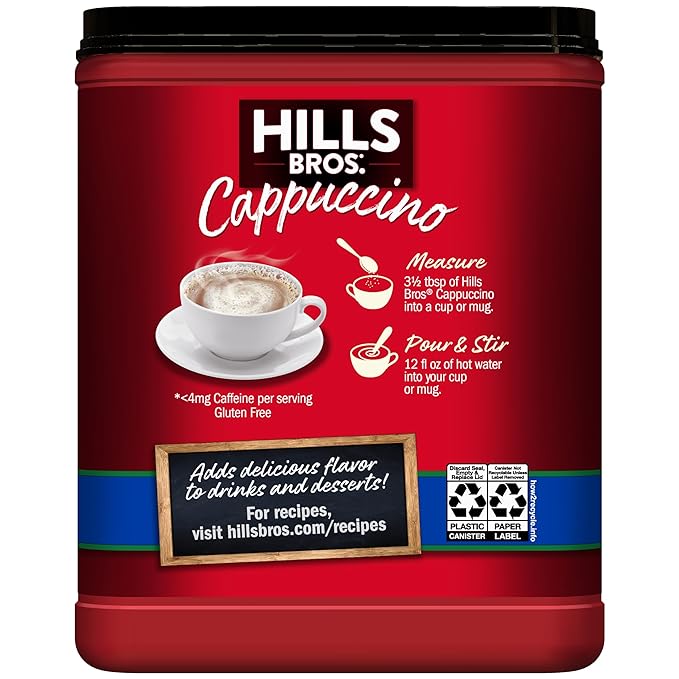 Hills Bros. Cappuccino Mix – Rich, Frothy Coffeehouse-Tasting Instant Drink Mix – Quick and Easy Preparation – Perfect for Hot & Iced Drinks & Creaming Coffee – Decaf French Vanilla, 1 Pack of 16oz