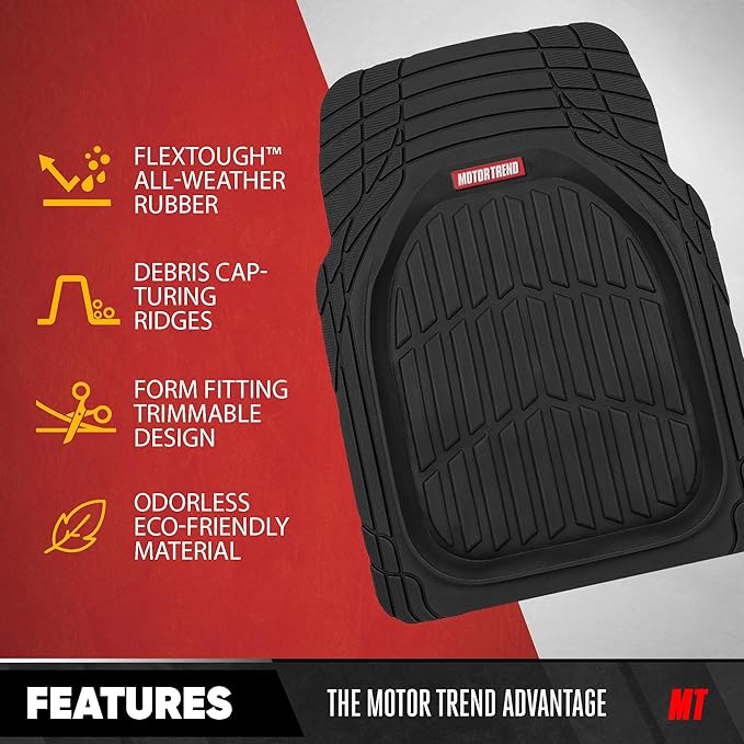 Motor Trend FlexTough 4-Piece Heavy Duty Floor Mats for Cars Trucks SUVs, Automotive Floor Mats Car Mats Full Set Front, Rear & Cargo, Trim-To-Fit Semi-Custom Deep Dish All Weather Rubber Mats - Black