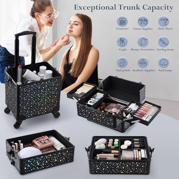 Stagiant Rolling Makeup Case Cosmetology Case on Wheels 4 in 1 Large Makeup Travel Case Nail Kits Organizer Train Case with Key Make Up Artist Salon Storage Traveling Cart Trunk Black Star