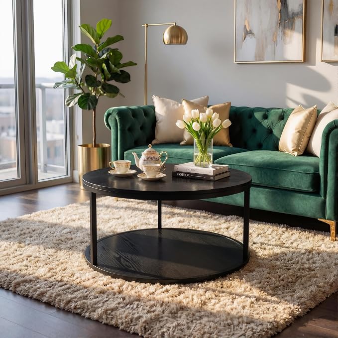 YESHOMY 36" Round Coffee Table, 2-Tier Wood Center Table with Storage Shelf, Heavy-Duty Metal Frame, Easy Assembly, Ideal for Living Room & Small Spaces, Black