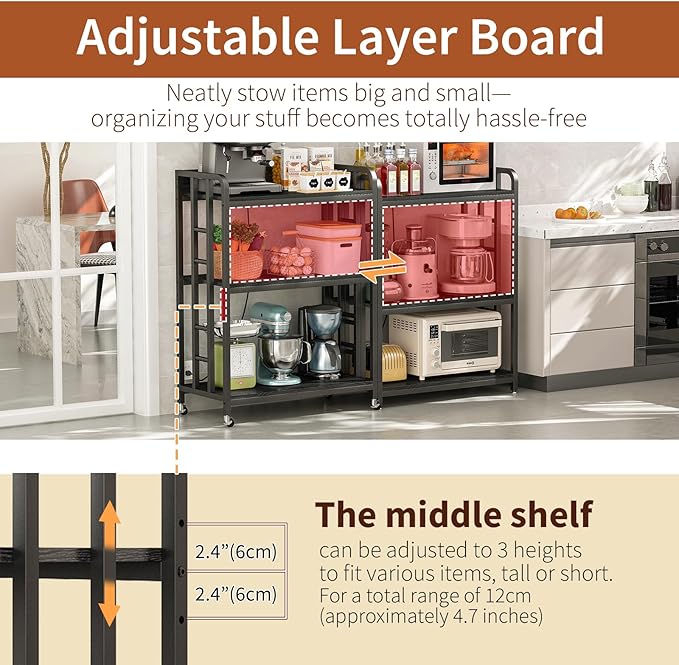 Bakers Rack with Power Outlet,Adjustable Microwave Stand with Storage,3-Tier Kitchen Shelves,Microwave cart Suitable for Kitchen,Dinning Room,Coffee Bar,Living, Black
