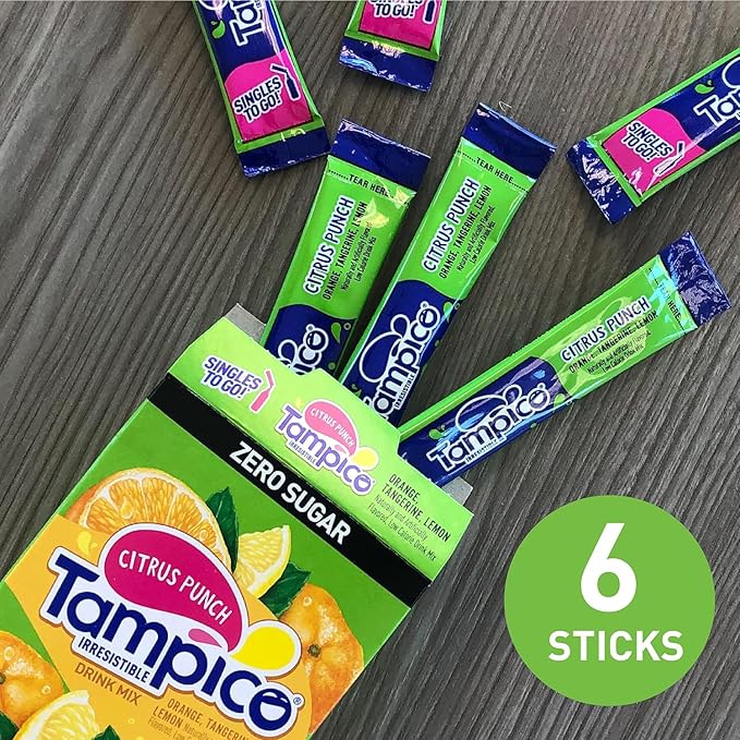 SINGLES TO GO! Tampico Drink Mix Packets, Citrus Punch, Zero Sugar, Low Calorie, 100% DV of Vitamin C per Serving, Convenient, On-The-Go Water Enhancers, 6 Count (Pack of 3)