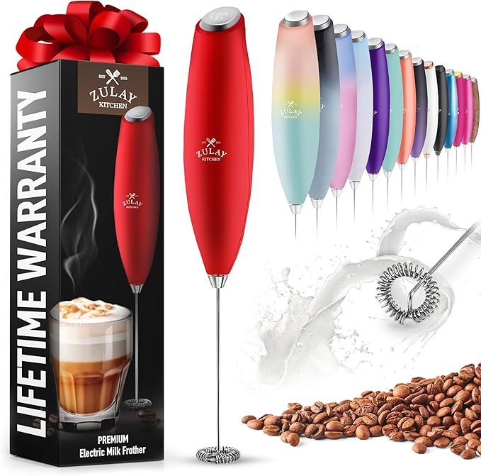 Zulay Powerful Milk Frother for Coffee with Upgraded Titanium Motor - Handheld Frother Electric Whisk, Milk Foamer, Mini Mixer and Coffee Blender Frother for Frappe, Latte, Matcha, No Stand - Red