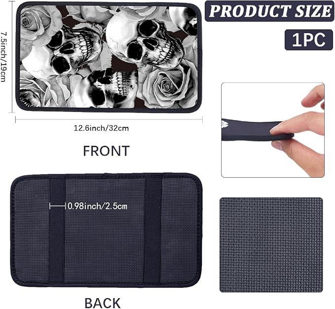 CREATCABIN Skull Auto Center Console Cover Car Armrest Pad Auto Armrest Storage Box Pad Soft Anti-Slip Lines Waterproof Car Accessories Interior with Elastic Band for Vehicle SUV Truck 12.6×7.5in
